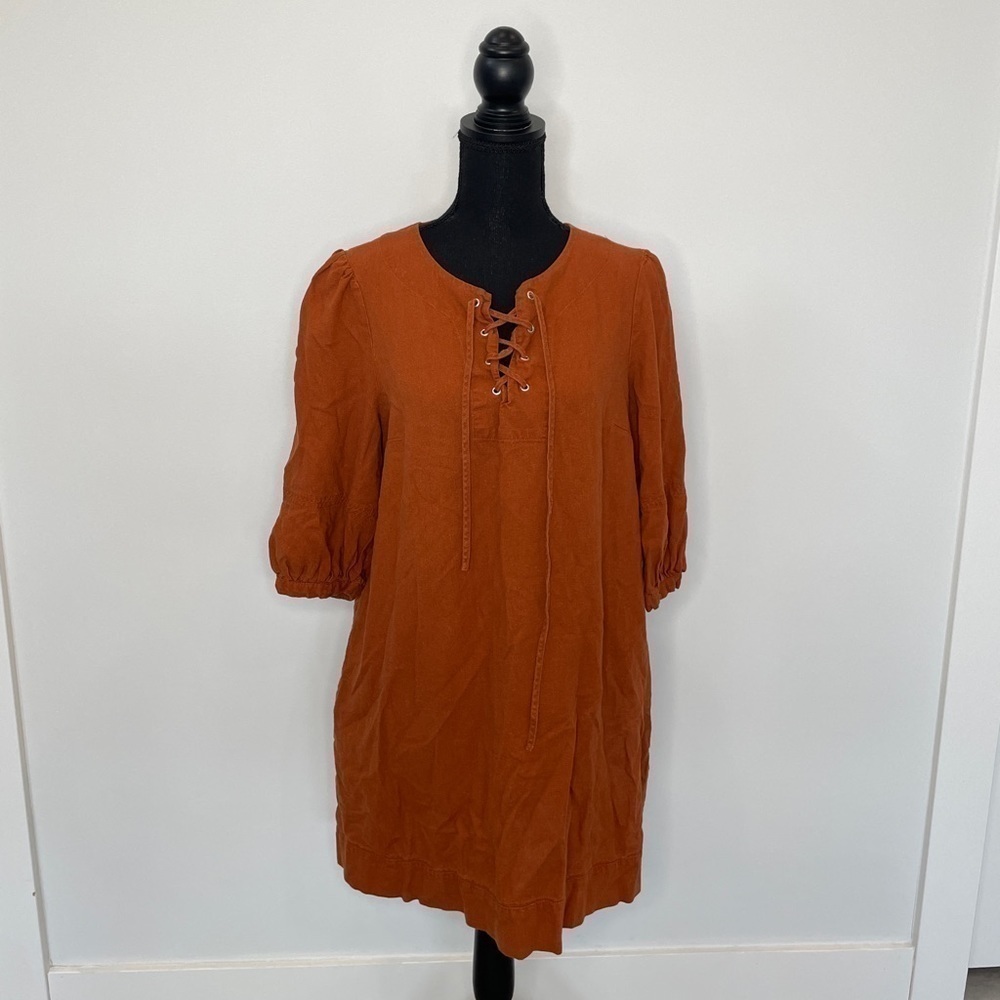 Who What Wear Tan Puffy Sleeves Oversized Dress
